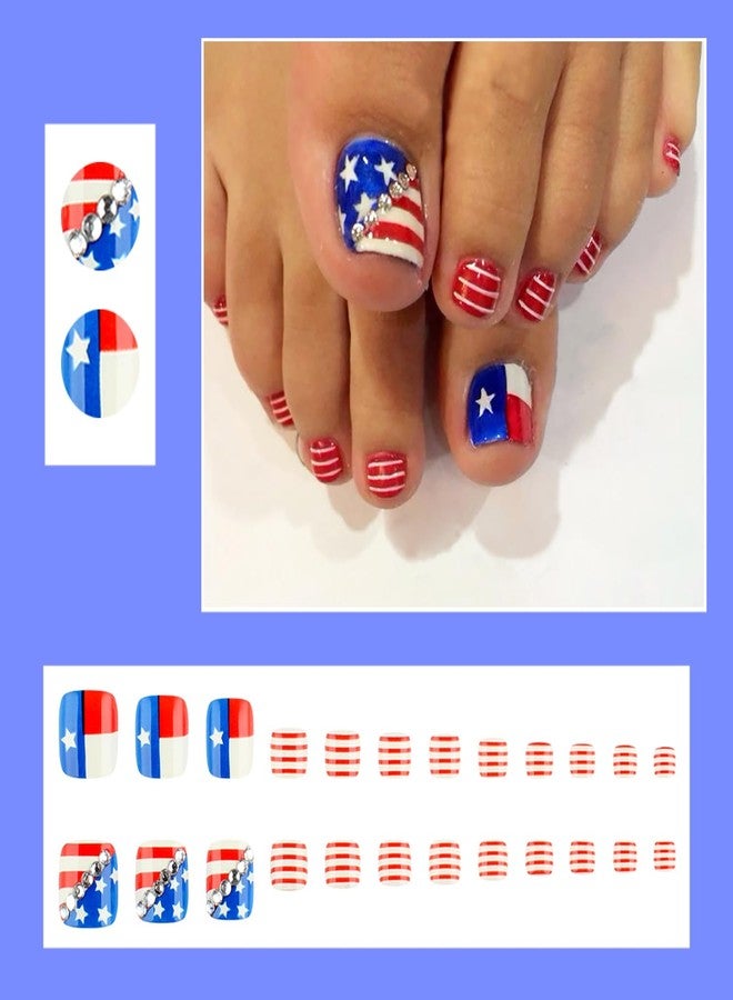 FDSQHSA 24pcs 4th of July Press on Toenails Short Square American Flag Fake Toe Nails with Rhinestones Design Independence Day Star False Toenails Fourth of July Full Cover Stick on Nails for Women Holiday - Image 2