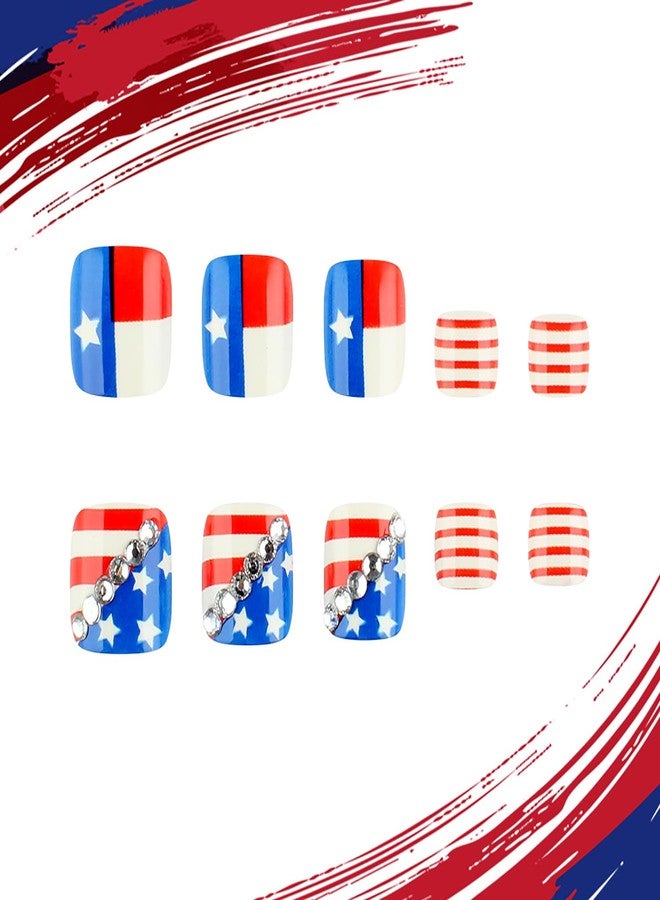 FDSQHSA 24pcs 4th of July Press on Toenails Short Square American Flag Fake Toe Nails with Rhinestones Design Independence Day Star False Toenails Fourth of July Full Cover Stick on Nails for Women Holiday - Image 3
