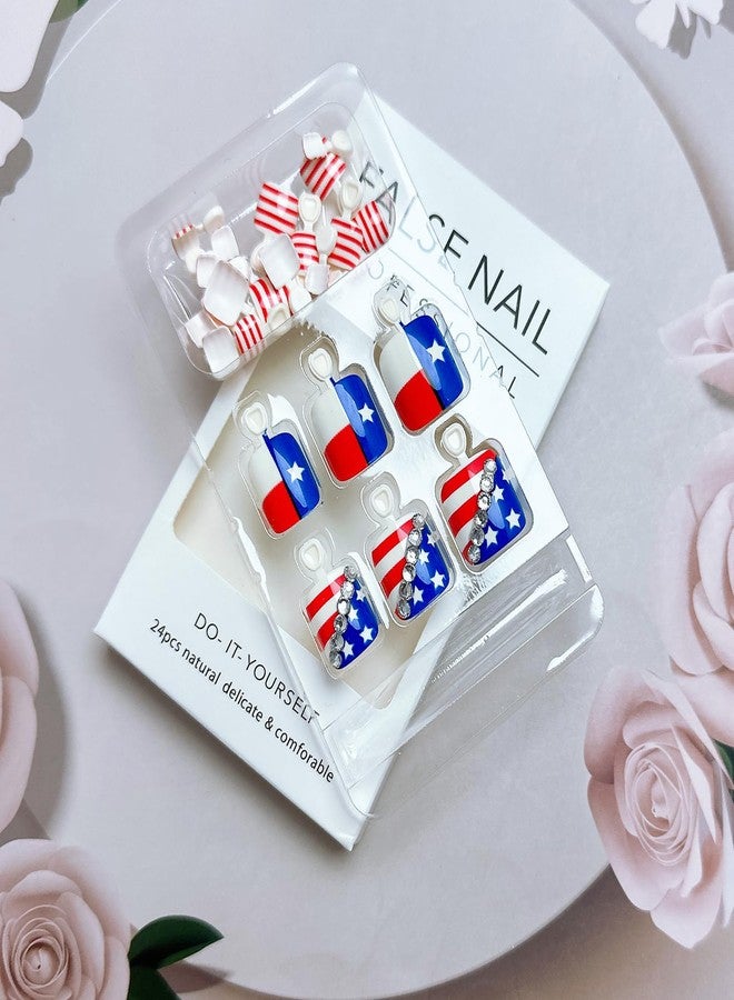 FDSQHSA 24pcs 4th of July Press on Toenails Short Square American Flag Fake Toe Nails with Rhinestones Design Independence Day Star False Toenails Fourth of July Full Cover Stick on Nails for Women Holiday - Image 5