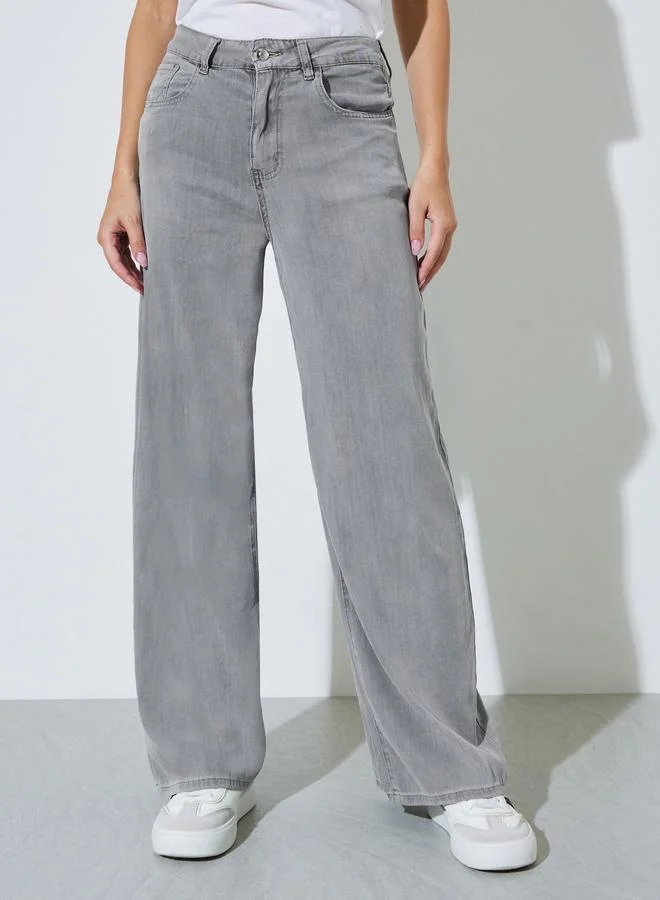 ستايلي Grey Solid Mid-Rise Wide Leg Jeans