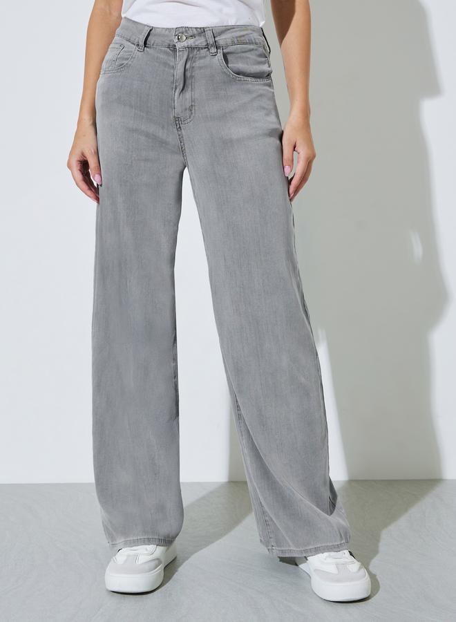 Styli Grey Solid Mid-Rise Wide Leg Jeans - Image 2