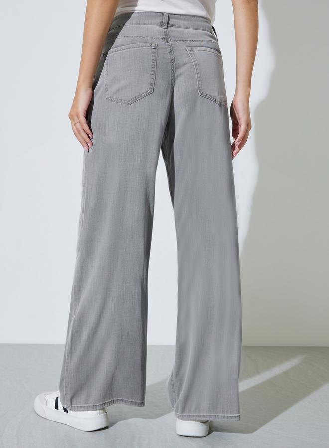 Styli Grey Solid Mid-Rise Wide Leg Jeans - Image 4