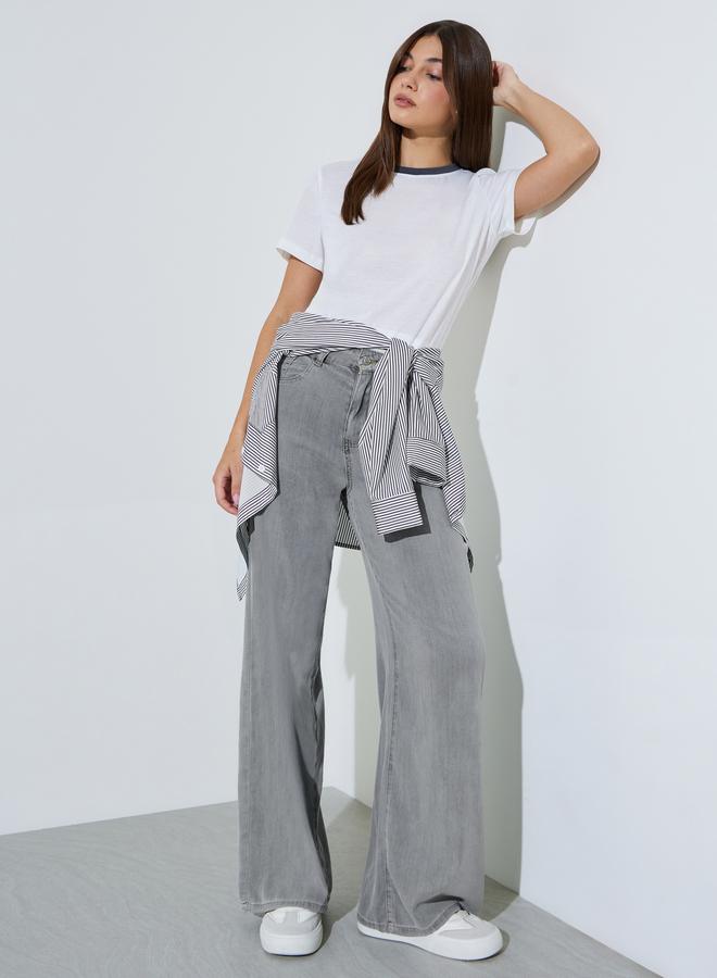 Styli Grey Solid Mid-Rise Wide Leg Jeans - Image 1