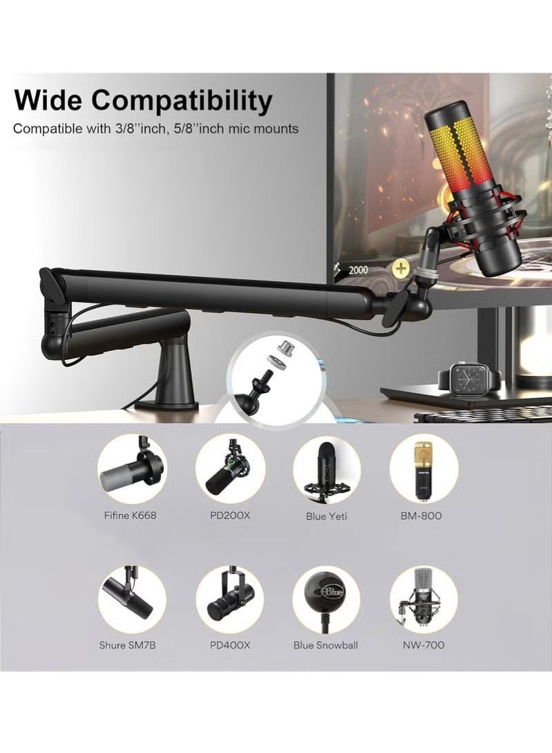 والالا ذراع ميكروفون، ذراع ميكروفون احترافي، حامل ذراع ميكروفون منخفض الارتفاع للمكتب، مع ملحقات تدور 360 درجة، إدارة الكابلات، رافعة ممتدة، مشبك ميكروفون، مع ملحقات، أسود - Image 3