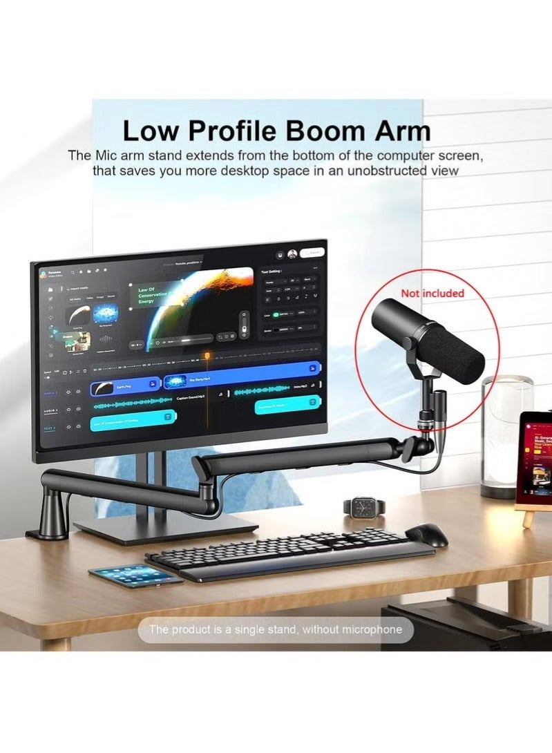 والالا ذراع ميكروفون، ذراع ميكروفون احترافي، حامل ذراع ميكروفون منخفض الارتفاع للمكتب، مع ملحقات تدور 360 درجة، إدارة الكابلات، رافعة ممتدة، مشبك ميكروفون، مع ملحقات، أسود - Image 2