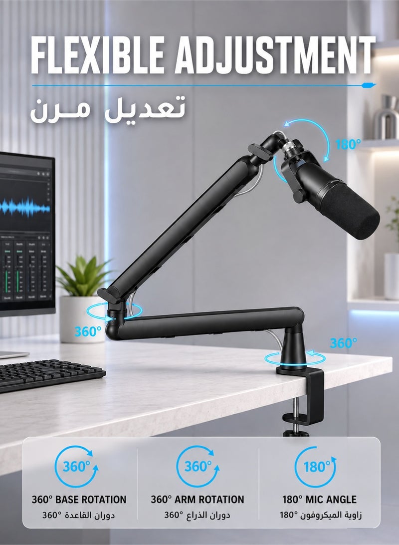 والالا ذراع ميكروفون، ذراع ميكروفون احترافي، حامل ذراع ميكروفون منخفض الارتفاع للمكتب، مع ملحقات تدور 360 درجة، إدارة الكابلات، رافعة ممتدة، مشبك ميكروفون، مع ملحقات، أسود - Image 5