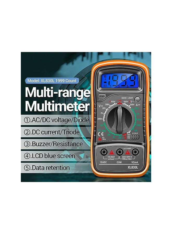 promass Digital Multimeter with Backlight LCD, Digital Portable Multimeter, Measure DC AC Voltmeter and Ohm Volt Amp Tester, Voltage, Current, Resistance, Continuity (with Tests Live Wire and Battery) - Image 3