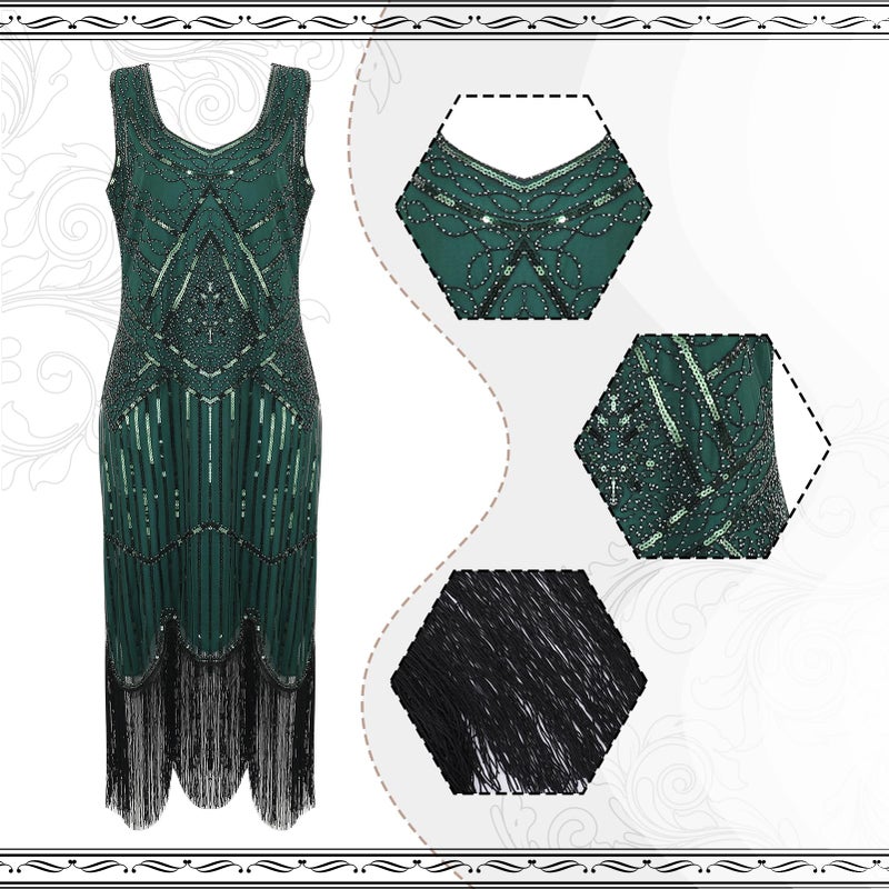 ZhouBoat 1920s Dresses for Women,Sequin Fringed Flapper Cocktail Dress Feather Headband Satin Gloves Earrings Necklace with 20s Accessories Set (L, Green) - Image 3