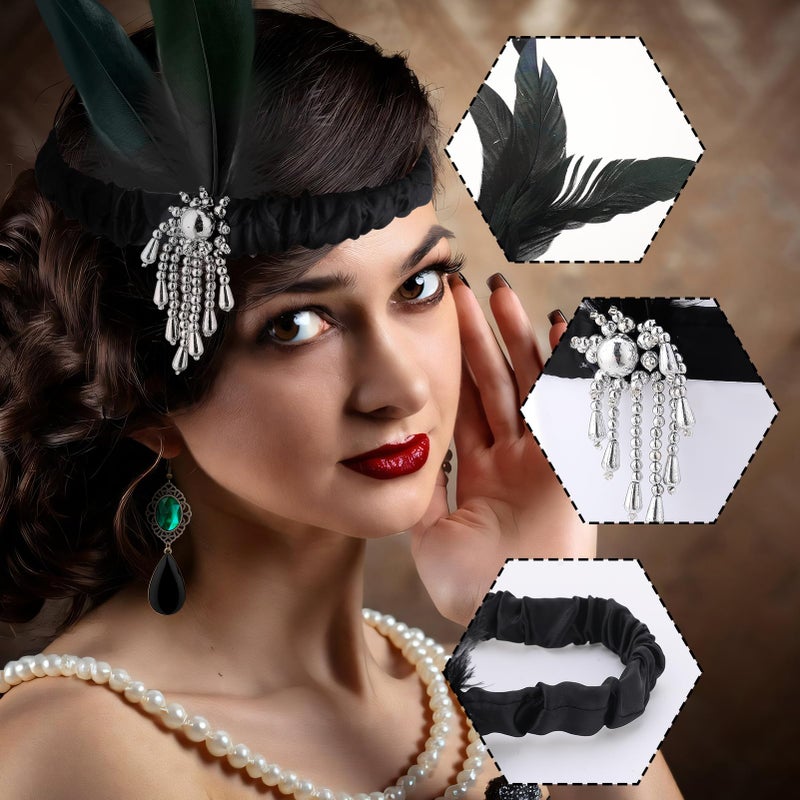 ZhouBoat 1920s Dresses for Women,Sequin Fringed Flapper Cocktail Dress Feather Headband Satin Gloves Earrings Necklace with 20s Accessories Set (L, Green) - Image 4