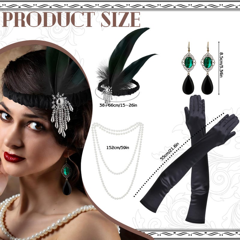 ZhouBoat 1920s Dresses for Women,Sequin Fringed Flapper Cocktail Dress Feather Headband Satin Gloves Earrings Necklace with 20s Accessories Set (L, Green) - Image 2
