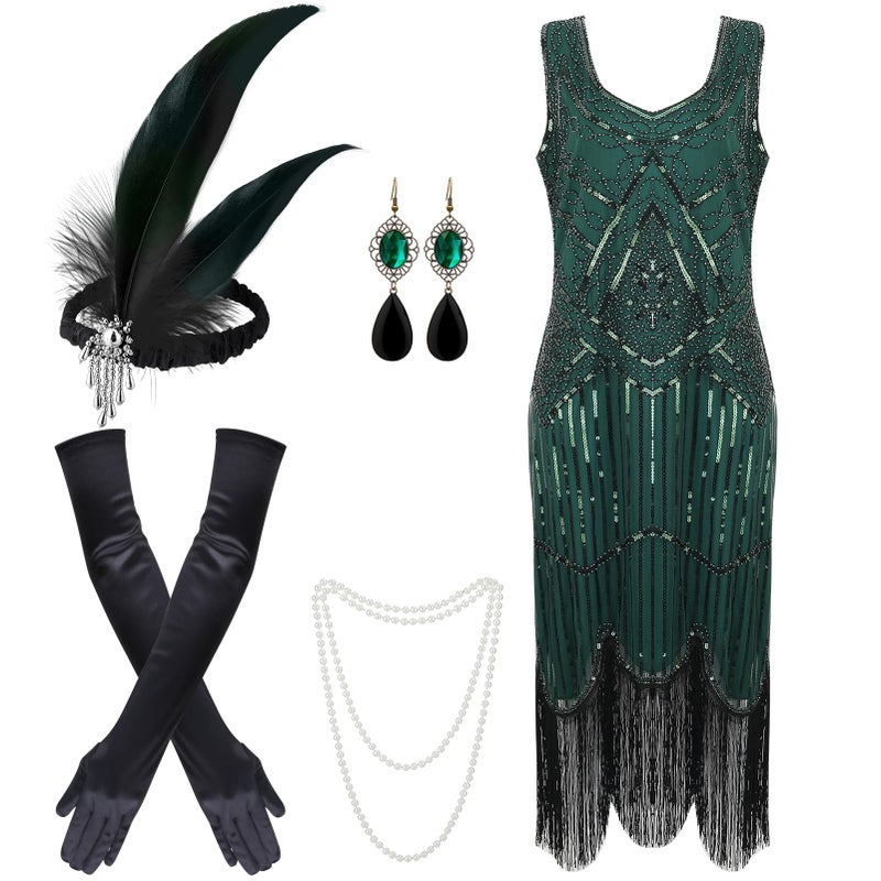 ZhouBoat 1920s Dresses for Women,Sequin Fringed Flapper Cocktail Dress Feather Headband Satin Gloves Earrings Necklace with 20s Accessories Set (L, Green) - Image 1