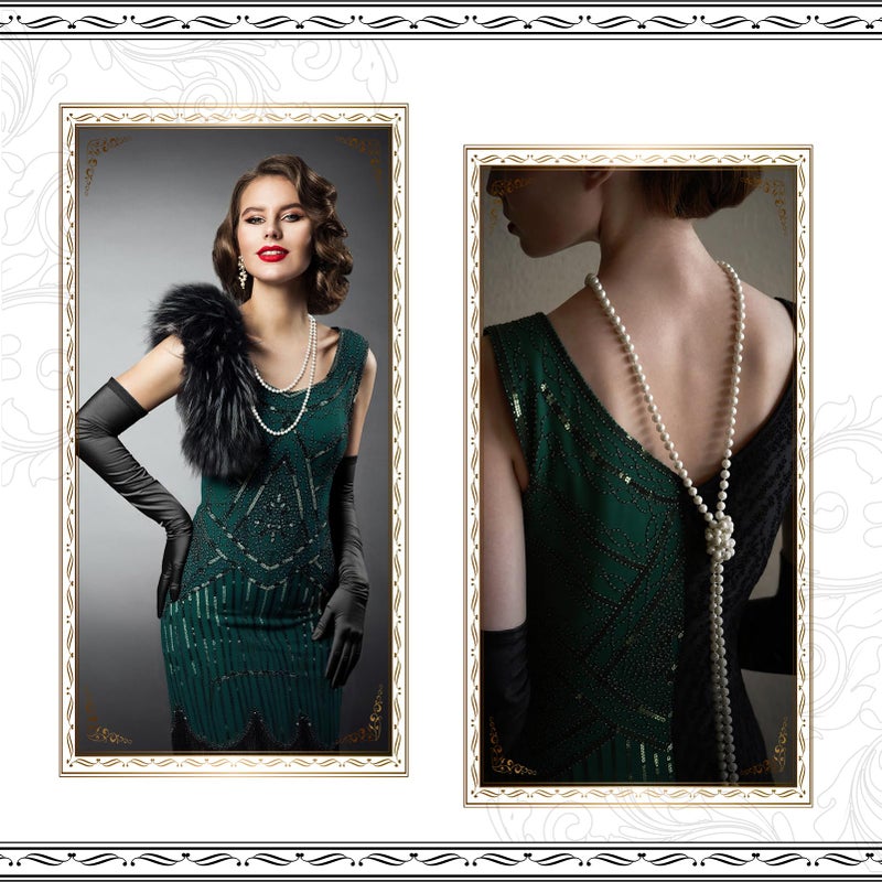 ZhouBoat 1920s Dresses for Women,Sequin Fringed Flapper Cocktail Dress Feather Headband Satin Gloves Earrings Necklace with 20s Accessories Set (L, Green) - Image 5
