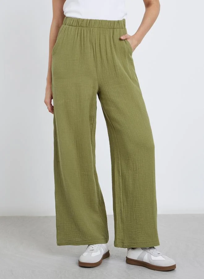 Styli Styli Women Khaki Double Gauze Wide Leg Pants