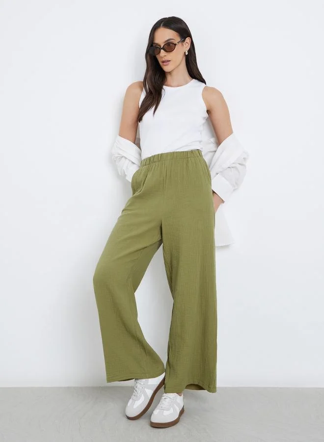 Styli Styli Women Khaki Double Gauze Wide Leg Pants