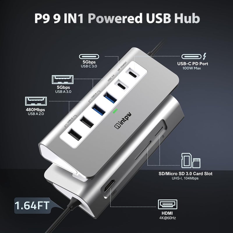 intpw موزع USB-C من النوع 9 في 1 مزود بمنفذ HDMI يدعم دقة 4K، ومنفذ PD بقدرة 100 واط، و3 منافذ USB 3.0 بسرعة 5 جيجابت في الثانية، ومنفذي USB 2.0، وقارئ بطاقات SD/TF. متوافق مع أجهزة MacBook Air/Pro - Image 2