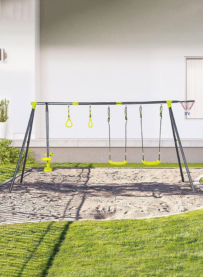JSAITOYS 5 IN 1 Kids Garden Swing Set for Backyard, Outdoor Play Equipment, w/ Adjustable Swing Seats, Seesaw, Basket Hoop, Gym Rings, A-Frame Metal Stand, for Ages 3-10 Years  - Image 1