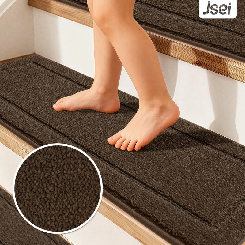 JSEI Non-Slip Stair Treads for Wooden Steps Indoor, 15 Pack 8" X 30" Edging Stair Rugs with TPE Backing, Carpet Stair Treads for Kids Elders & Pets, 100% Polyester Soft Stair Runners, Brown - Image 3