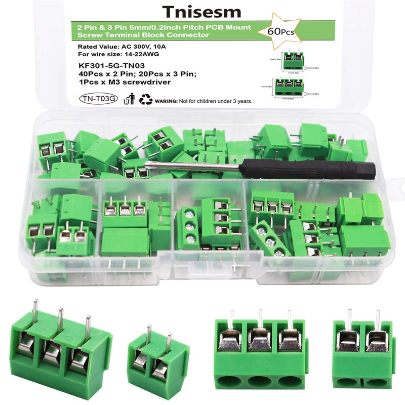 Tnisesm /60pcs 2 Pin & 3 Pin 5mm/0.2inch Pitch PCB Mount Screw Terminal Block Connector (Can be Spliced) TN-T03G - Image 1