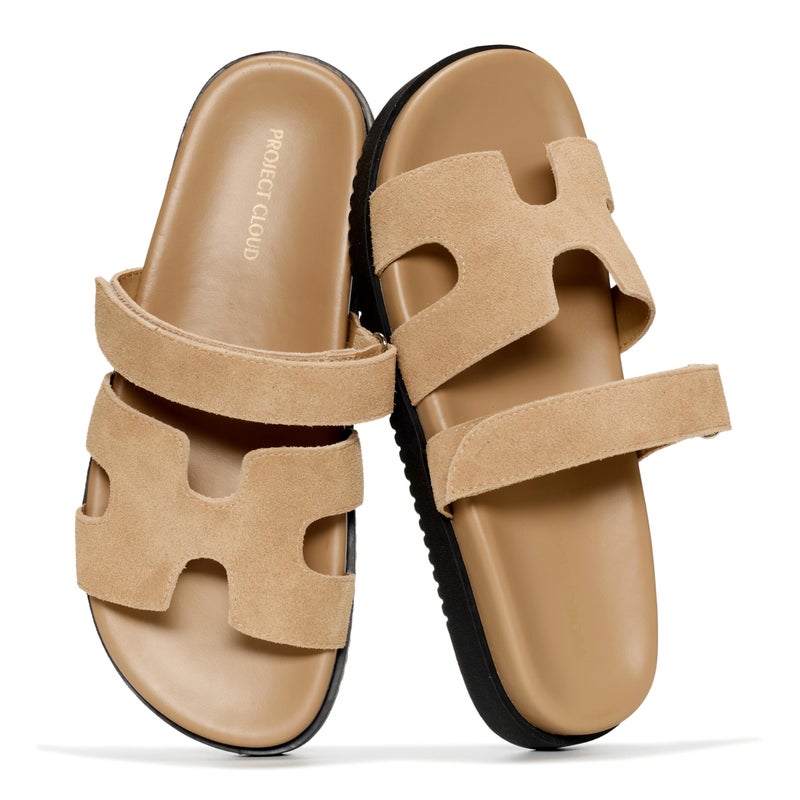 Project Cloud 100% Genuine Leather Sandals for Women Footwear - Stylish Womens Sandals with Plush & Soft Insole - Non-Slip and Water-Resistant Beach Sandals Slides for Women (Mayvy, BEISABLEA,8.5M) - Image 1