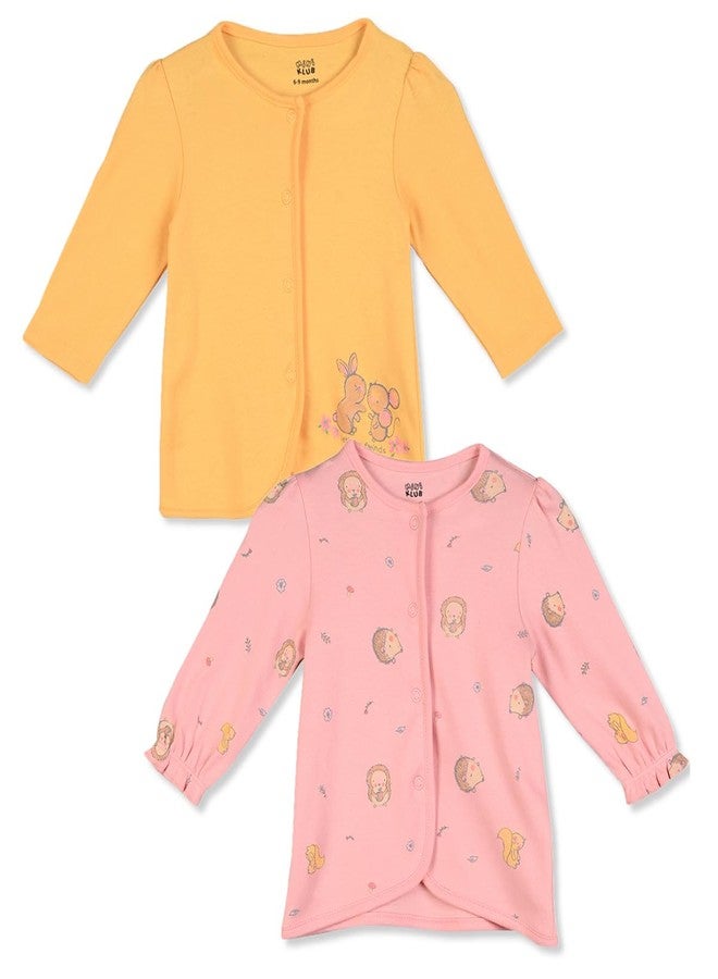 miniklub Baby Girls Front Open Full Sleeves Knitted Cotton Front Open Vest, Pack of 2, Pink/Orange (3-6M) - Image 1