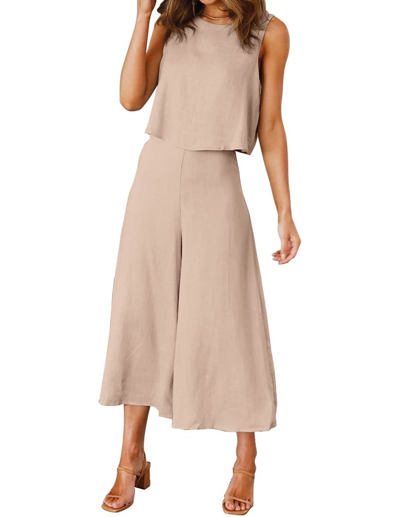 ROYLAMP Women's Summer 2 Piece Outfits Round Neck Crop Basic Top Cropped Wide Leg Pants Set Beach Jumpsuits Apricot XS - Image 2