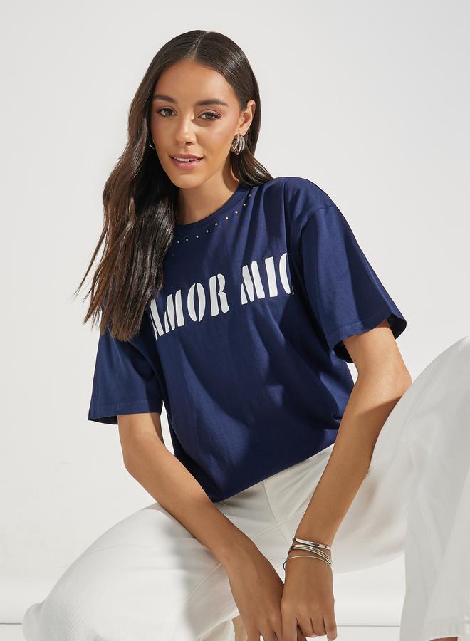 Styli Oversized Amor Mio Slogan Rhinestone Longline T-Shirt  - Image 1