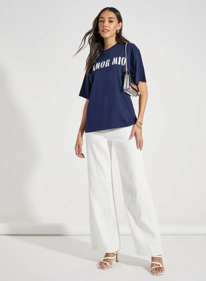 ستايلي Oversized Amor Mio Slogan Rhinestone Longline T-Shirt