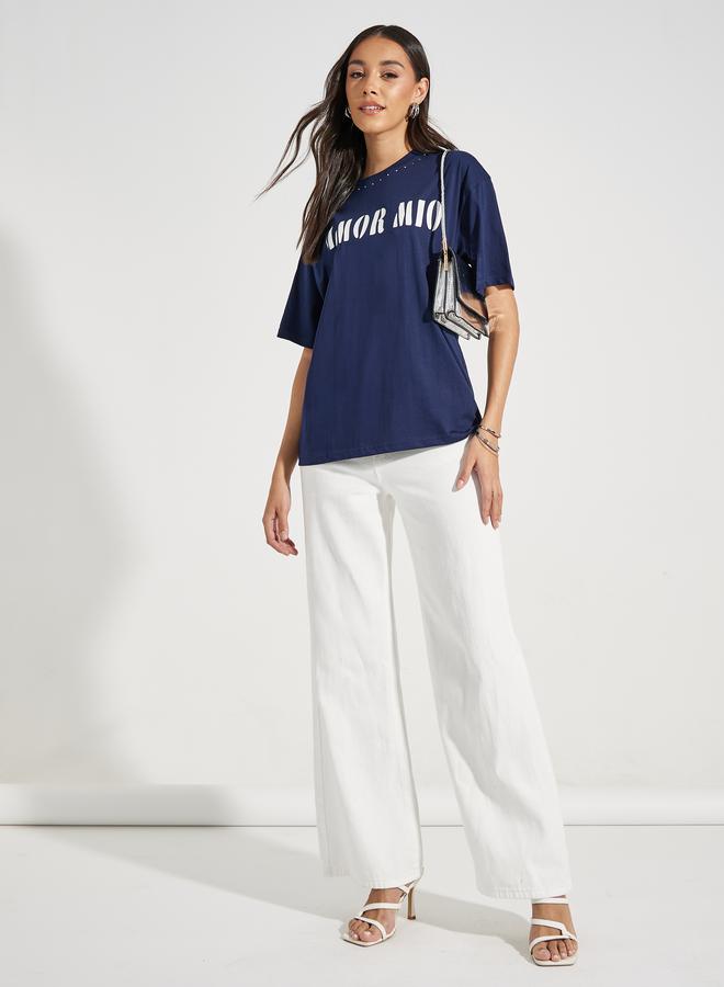 Styli Oversized Amor Mio Slogan Rhinestone Longline T-Shirt  - Image 3