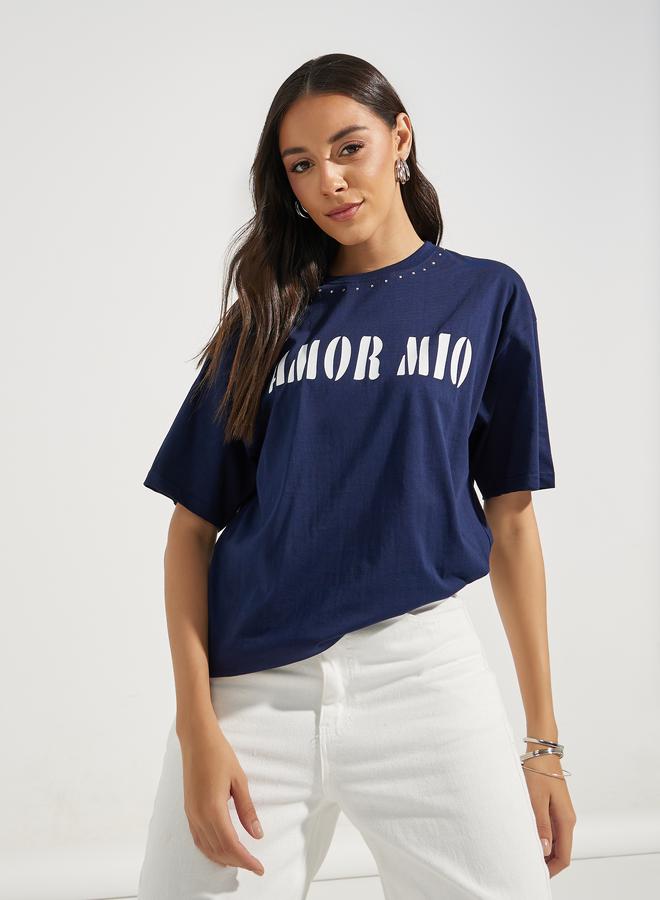 Styli Oversized Amor Mio Slogan Rhinestone Longline T-Shirt  - Image 2