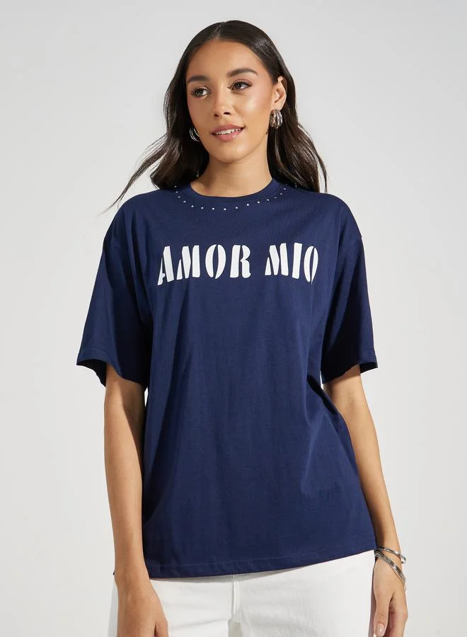 ستايلي Oversized Amor Mio Slogan Rhinestone Longline T-Shirt