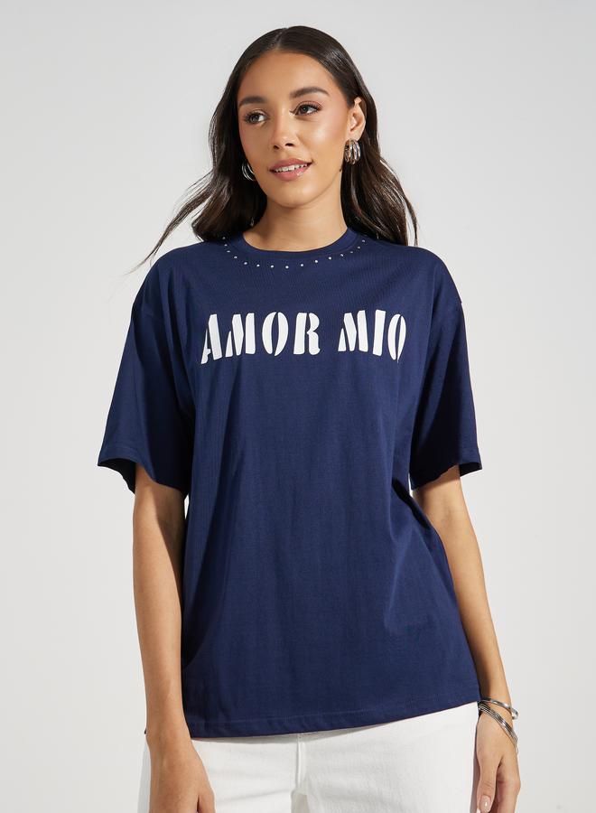 Styli Oversized Amor Mio Slogan Rhinestone Longline T-Shirt  - Image 4