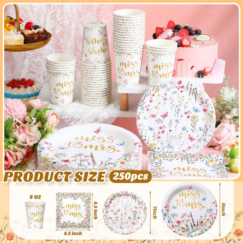 Zhehao 250 Pcs Miss to Mrs. Bridal Shower Plates Napkins Sets 50 Pcs 9'' Dinner Plates and 7'' Dessert Plate and 9oz Cups 100 Napkins Serves 50 Party Supplies Bridal Shower Engagement Decoration - Image 3