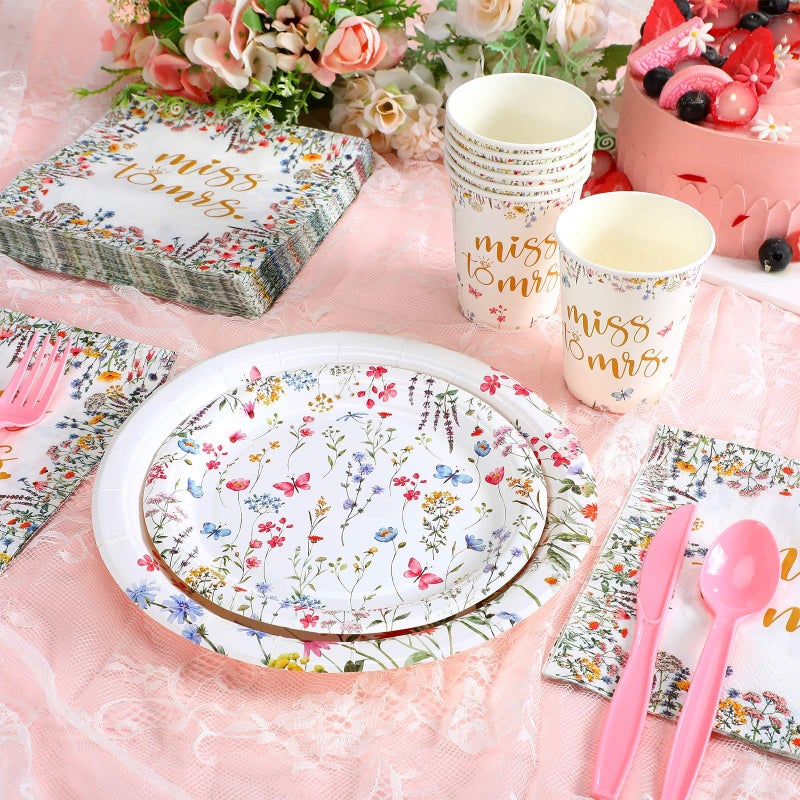 Zhehao 250 Pcs Miss to Mrs. Bridal Shower Plates Napkins Sets 50 Pcs 9'' Dinner Plates and 7'' Dessert Plate and 9oz Cups 100 Napkins Serves 50 Party Supplies Bridal Shower Engagement Decoration - Image 4