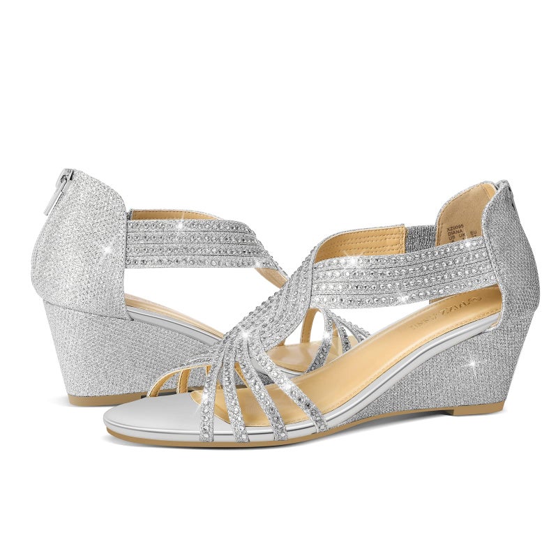 PIZZ ANNU Women's Diana Low Wedge Sandals Sparkly Rhinestone Open Toe Fashion Dress Shoes for Woman Lady in Bridal Dance Evening, Silver Glitter 9 - Image 4