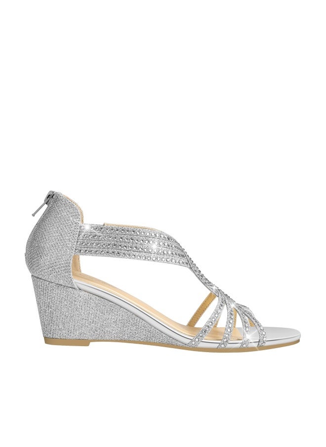 PIZZ ANNU Women's Diana Low Wedge Sandals Sparkly Rhinestone Open Toe Fashion Dress Shoes for Woman Lady in Bridal Dance Evening, Silver Glitter 9 - Image 1