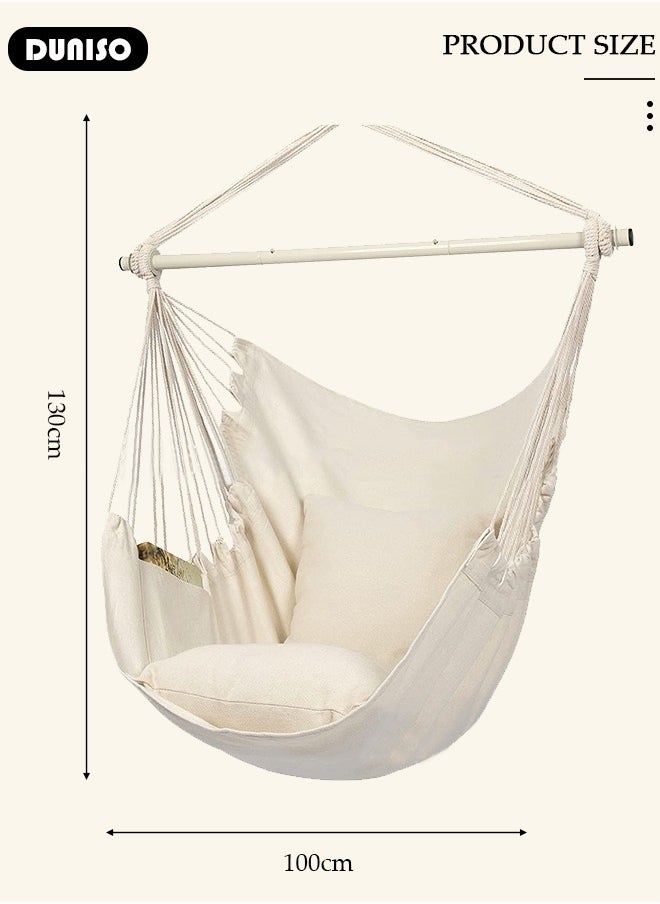 DUNISO Hanging Swing Chair, Hammock Chair Large Cotton Weave Porch Swing Seat with 2 Seat Cushions Included, Comfortable and Durable Hanging Chair for Yard, Bedroom, Porch, Indoor, Outdoor  - Image 4