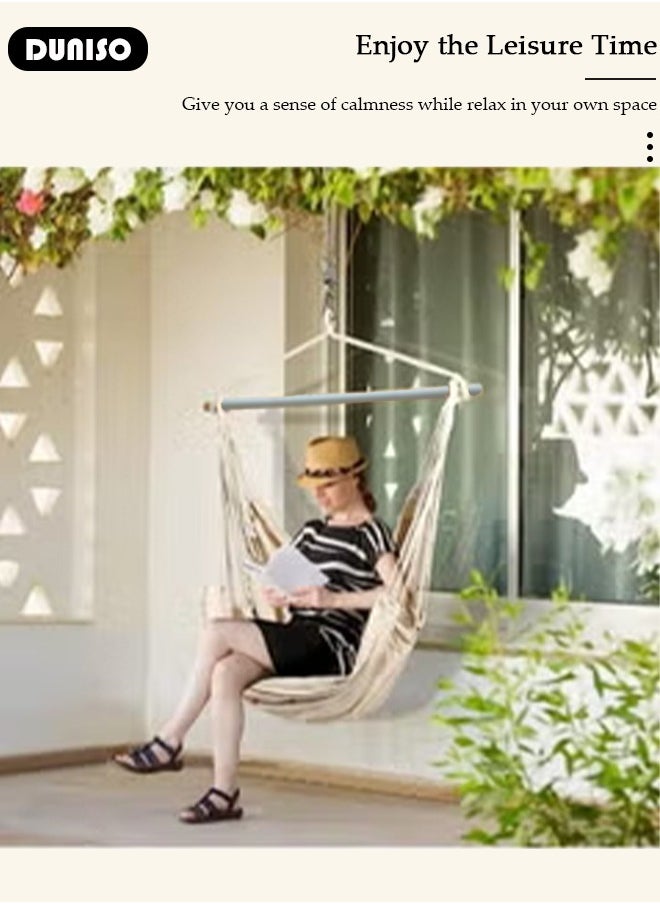 Hanging Swing Chair, Hammock Chair Large Cotton Weave Porch Swing Seat with 2 Seat Cushions Included, Comfortable and Durable Hanging Chair for Yard, Bedroom, Porch, Indoor, Outdoor