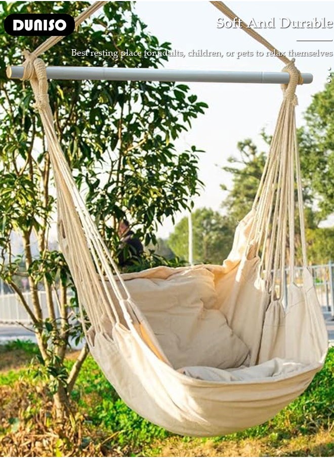 Hanging Swing Chair, Hammock Chair Large Cotton Weave Porch Swing Seat with 2 Seat Cushions Included, Comfortable and Durable Hanging Chair for Yard, Bedroom, Porch, Indoor, Outdoor