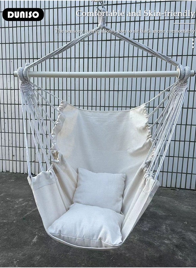 DUNISO Hanging Swing Chair, Hammock Chair Large Cotton Weave Porch Swing Seat with 2 Seat Cushions Included, Comfortable and Durable Hanging Chair for Yard, Bedroom, Porch, Indoor, Outdoor  - Image 3