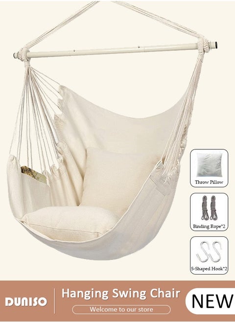 Hanging Swing Chair, Hammock Chair Large Cotton Weave Porch Swing Seat with 2 Seat Cushions Included, Comfortable and Durable Hanging Chair for Yard, Bedroom, Porch, Indoor, Outdoor