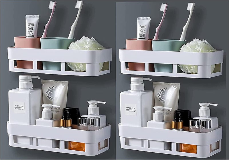 Shynora Multipurpose Bathroom Storage Organizer Wall Mounted Shelf Rack Shower Caddy (No Drilling - Strong Shelf Adhesive) Kitchen Bathroom Accessories Storage Rack (White, Pack of 2, Plastic) - Image 1