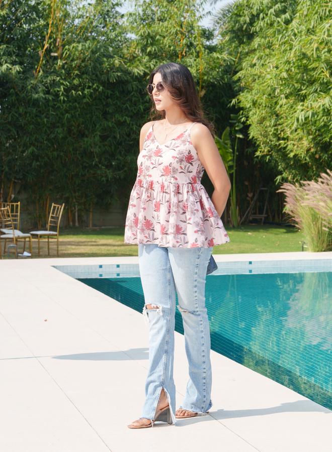 DW Floral Printed Pure Cotton Strappy Peplum Top - Image 5