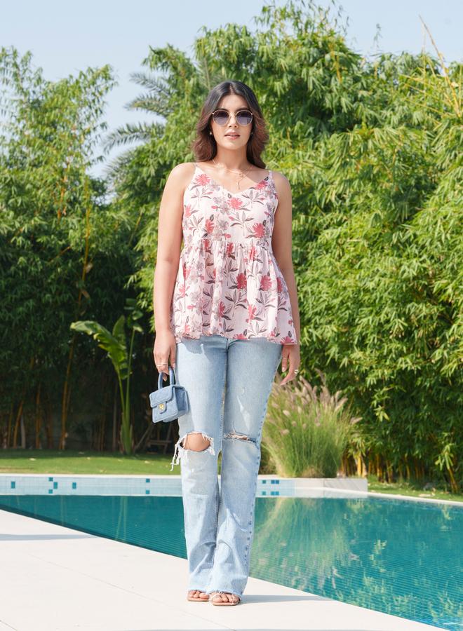 DW Floral Printed Pure Cotton Strappy Peplum Top - Image 2