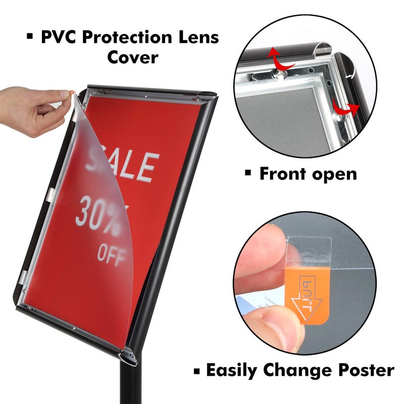 DISPLAYSWORKER Adjustable Poster Sign Stand 11 x 17,Floor-Standing Sign Holder with Heavy Duty Pedestal,Aluminum Snap-Open Frame , Vertical and Horizontal View Sign Displayed, Black (11 x 17) - Image 5