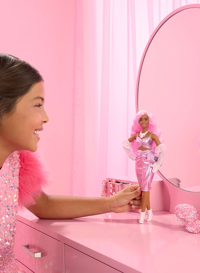 Barbie Deluxe Style Doll #1 in Barbiecore Outfit, Pink Hair and Glossy Pink Dress with Accessories like Velvet Gloves, Money Purse, and More​​ - Image 3