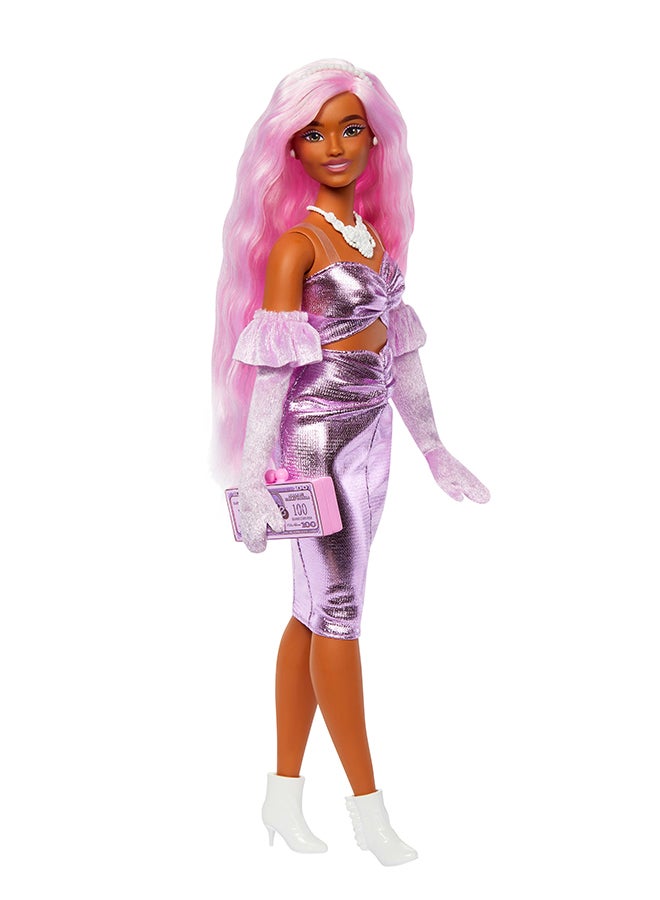 Barbie Deluxe Style Doll #1 in Barbiecore Outfit, Pink Hair and Glossy Pink Dress with Accessories like Velvet Gloves, Money Purse, and More​​ - Image 2