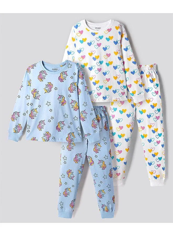 Primo Gino Primo Gino Cotton Knit Full Sleeves Unicorn & Heart Printed Pajama Night Suit (Pack of 2) - White/Blue
