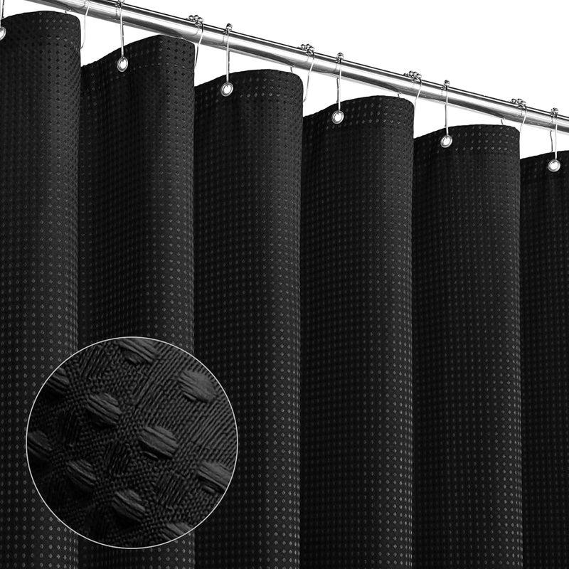 MitoVilla Extra Long Shower Curtain 72 x 84, Black Waffle Fabric 84 inch Shower Curtain Liner, Farmhouse XL Shower Curtains for Bathroom Decor, Luxury Weighted Shower Curtain 84 inch - Image 1