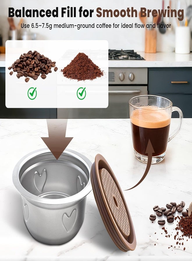 KCMOSGI Reusable Coffee Pods Kit, Stainless Steel Reusable Coffee Capsule Set Compatible with Nespresso Vertuo Machine, Includes Silicone Lid, Tweezers, Spoon, Cleaning Brush - Image 4