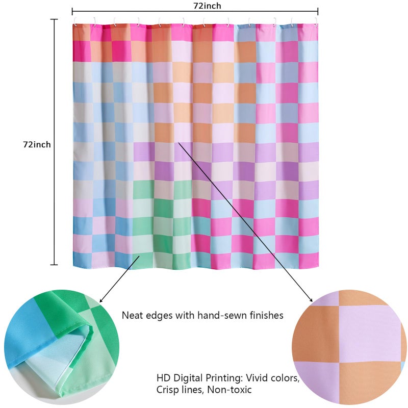 RoomTalks RoomTalks Multicolored Checkered Retro Fabric Shower Curtain for Bathroom  Heavy Duty Pastel Rainbow Colorful Modern Simple Groovy Funky Shower Curtain Set with Hooks Aesthetic Bathroom Decor - Image 2